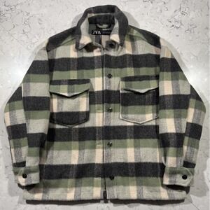 ZARA Flannel Shacket Womens XS Green Gray Plaid Relaxed Fit Oversized Jacket